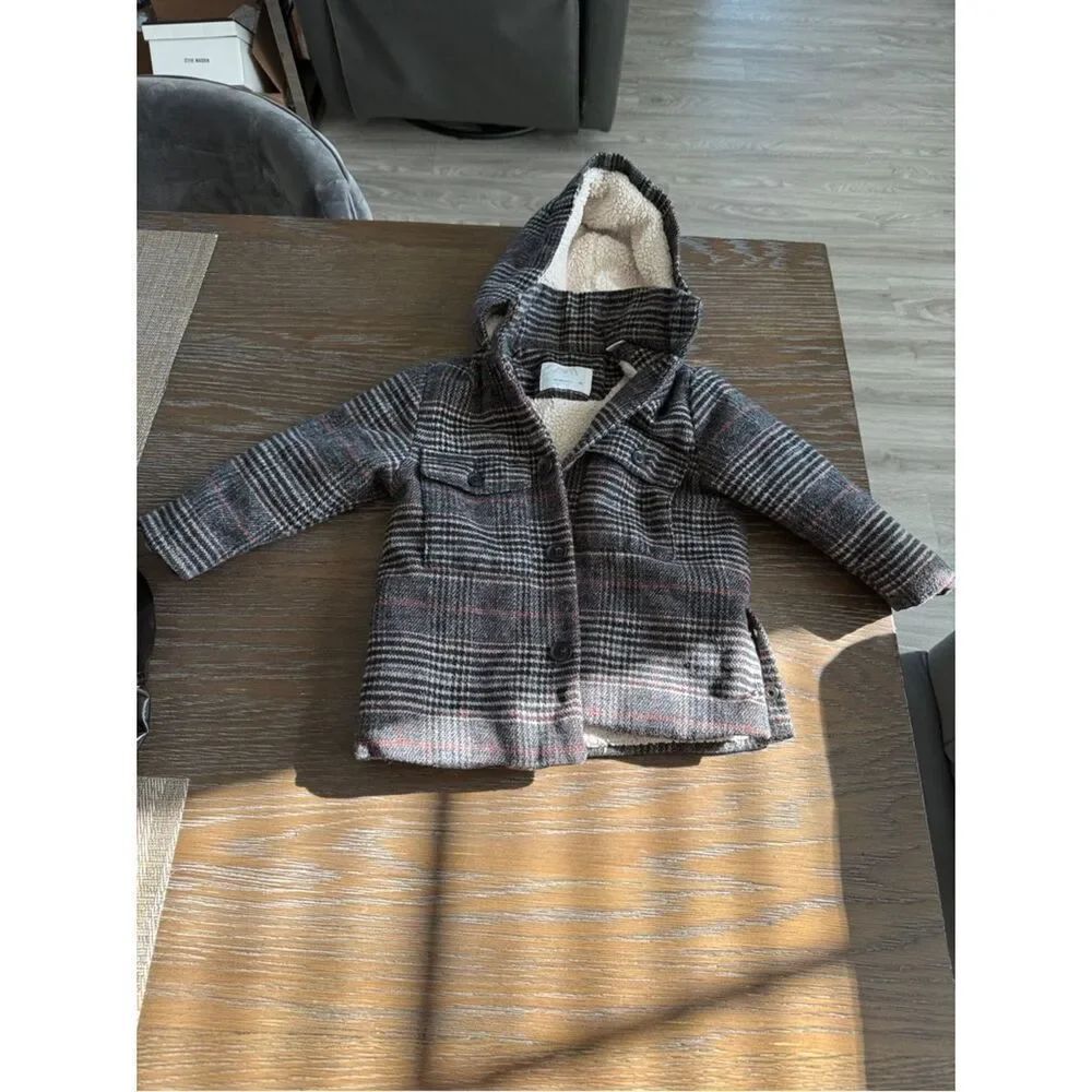 Zara Kids Hooded Plaid Pea Coat in Gray with Red Accents